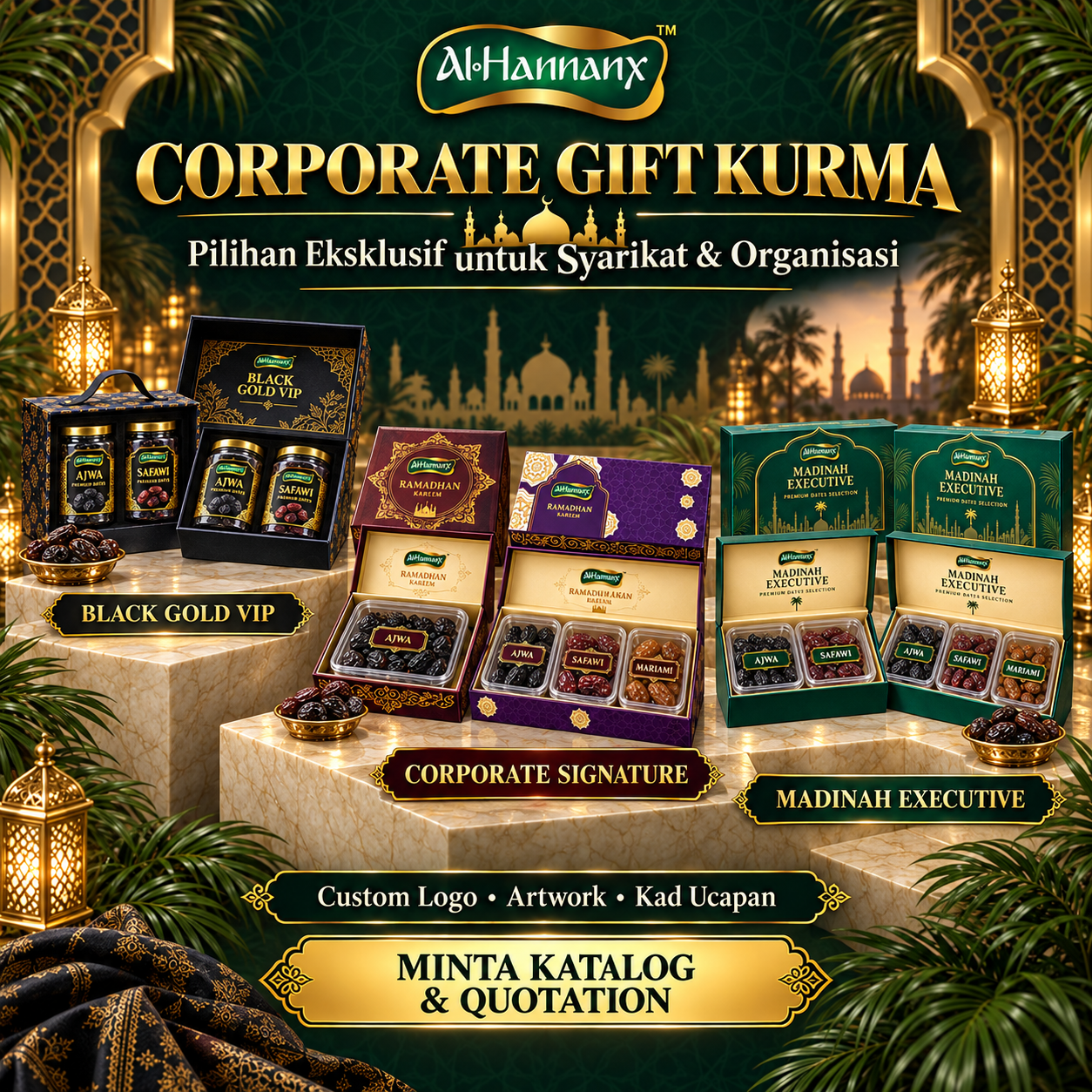 Corporate Gift Kurma AlHannanX dengan koleksi Black Gold VIP, Corporate Signature dan Madinah Executive