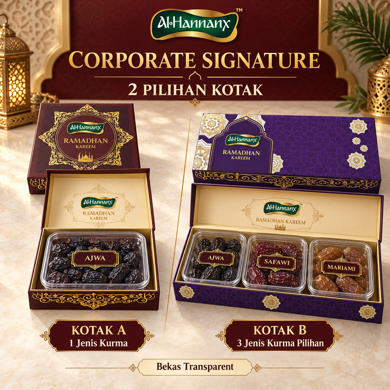 Corporate Signature AlHannanX dengan Kotak A satu jenis kurma dan Kotak B tiga jenis kurma dalam bekas transparent
