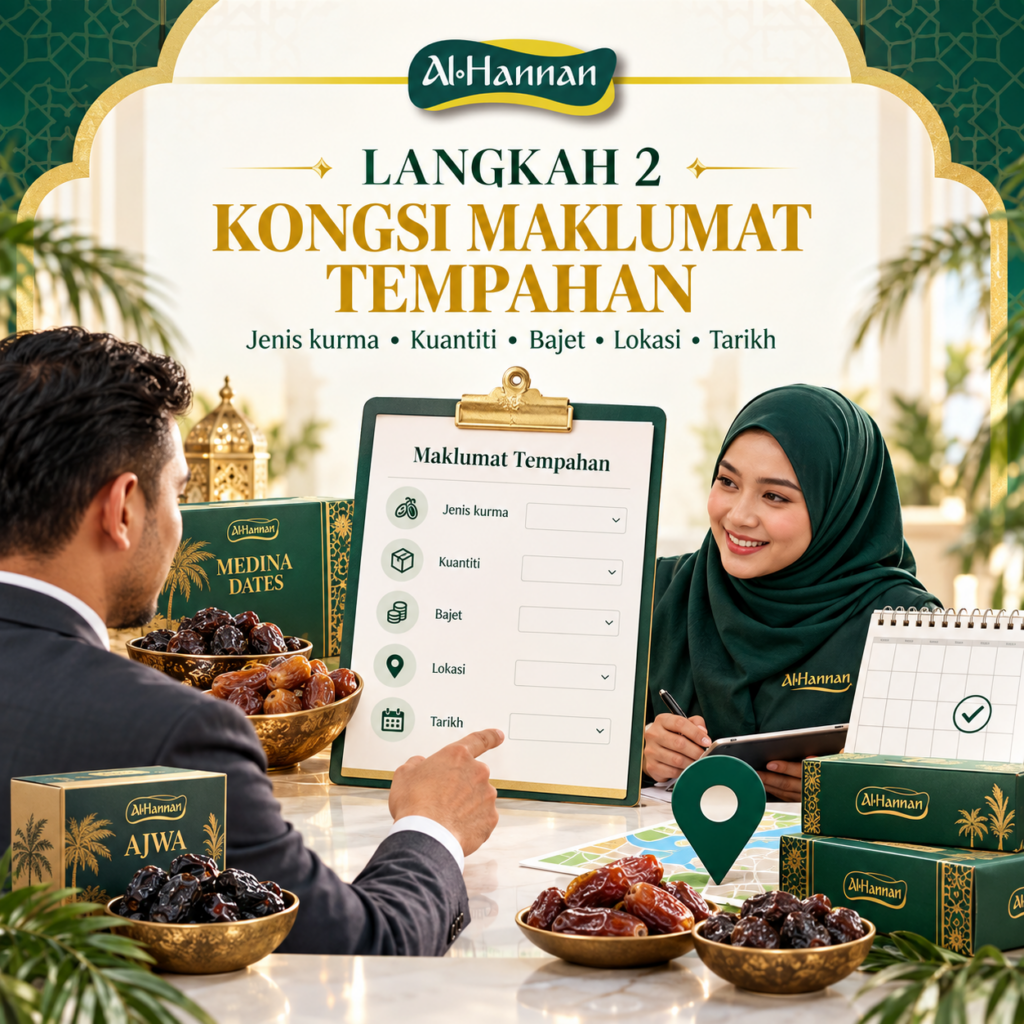 Kongsi jenis kurma, kuantiti, bajet, lokasi dan tarikh tempahan