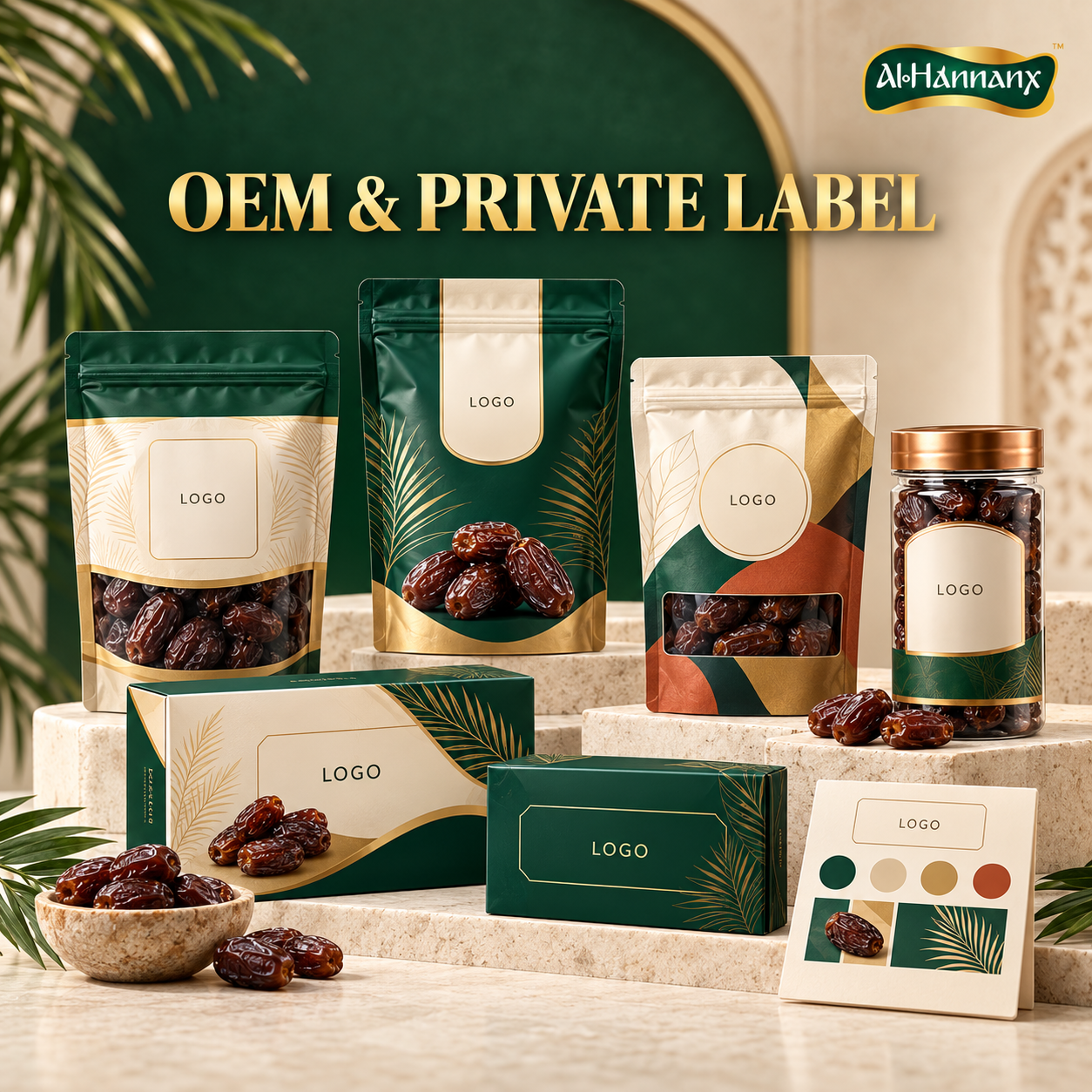 OEM dan Private Label kurma AlHannanX dengan pilihan custom logo, artwork dan pembungkusan jenama sendiri