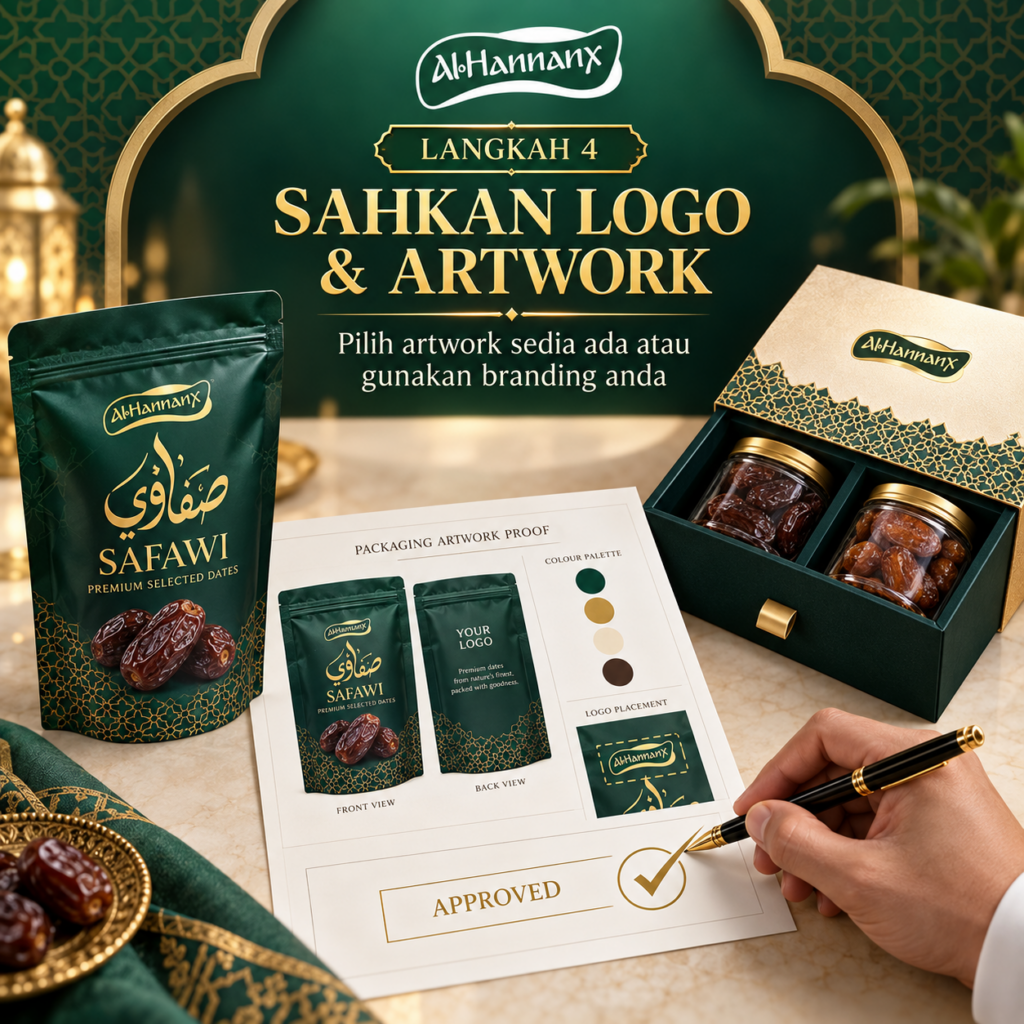 Pengesahan logo dan artwork untuk pembungkusan kurma custom