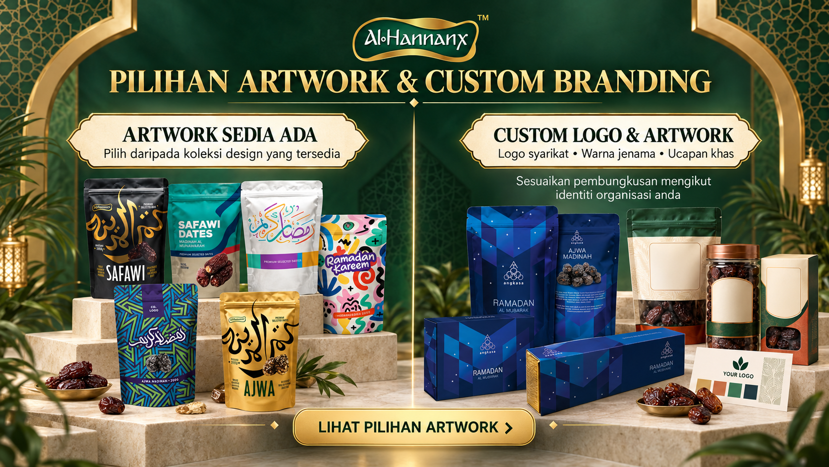 Pilihan artwork sedia ada dan custom logo pembungkusan kurma AlHannanX
