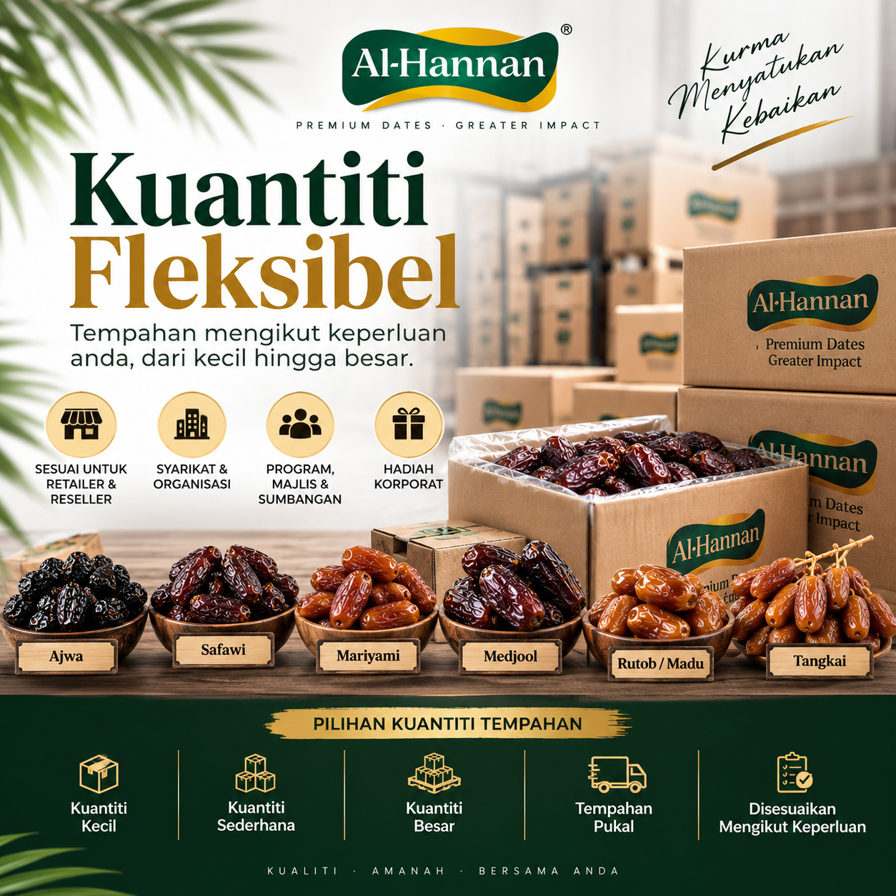 Kuantiti fleksibel kurma borong AlHannanX untuk retailer, reseller, syarikat, organisasi dan tempahan pukal