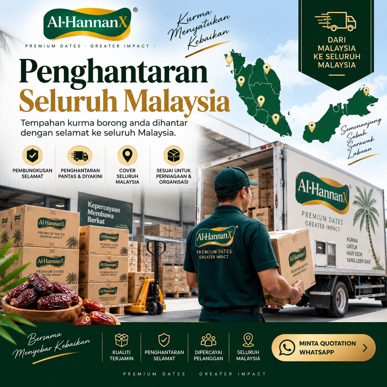 Penghantaran kurma borong AlHannanX ke seluruh Malaysia untuk perniagaan, syarikat dan organisasi